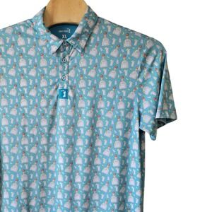 Bogey Bros Mens XL Golf Polo Shirt Tequila Bottle Lime Print Turquoise Blue